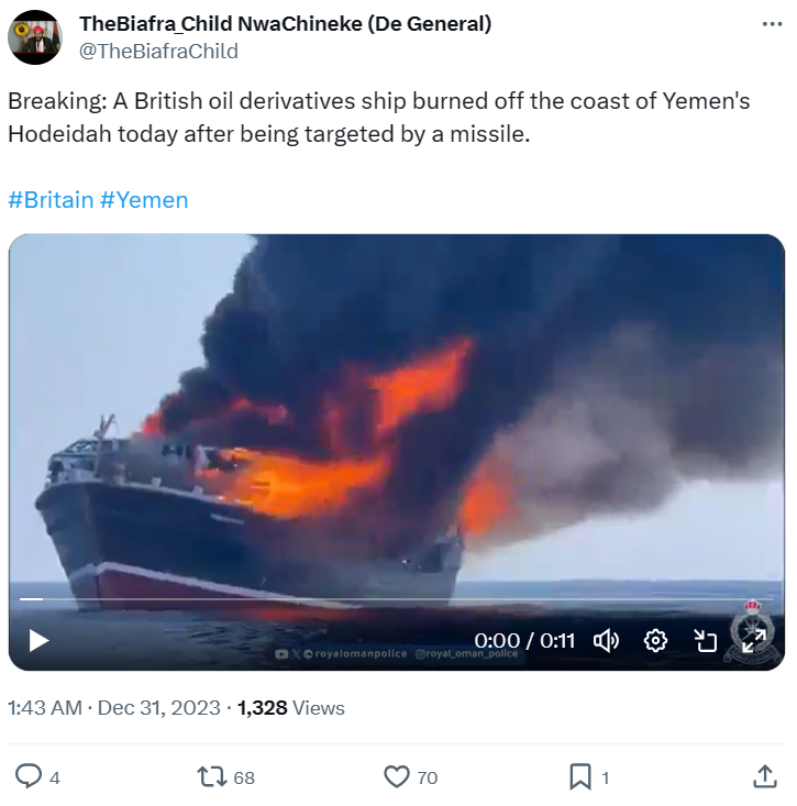 a British oil derivatives ship engulfed in flames off the coast of Yemen's Hodeidah
