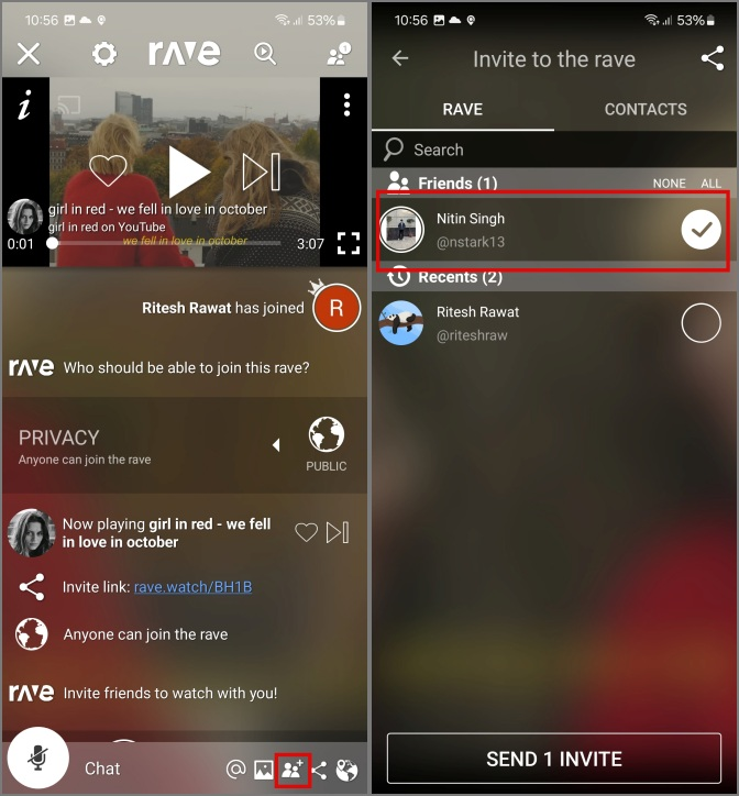 selecting friends to send invite in rave app to listen to music together