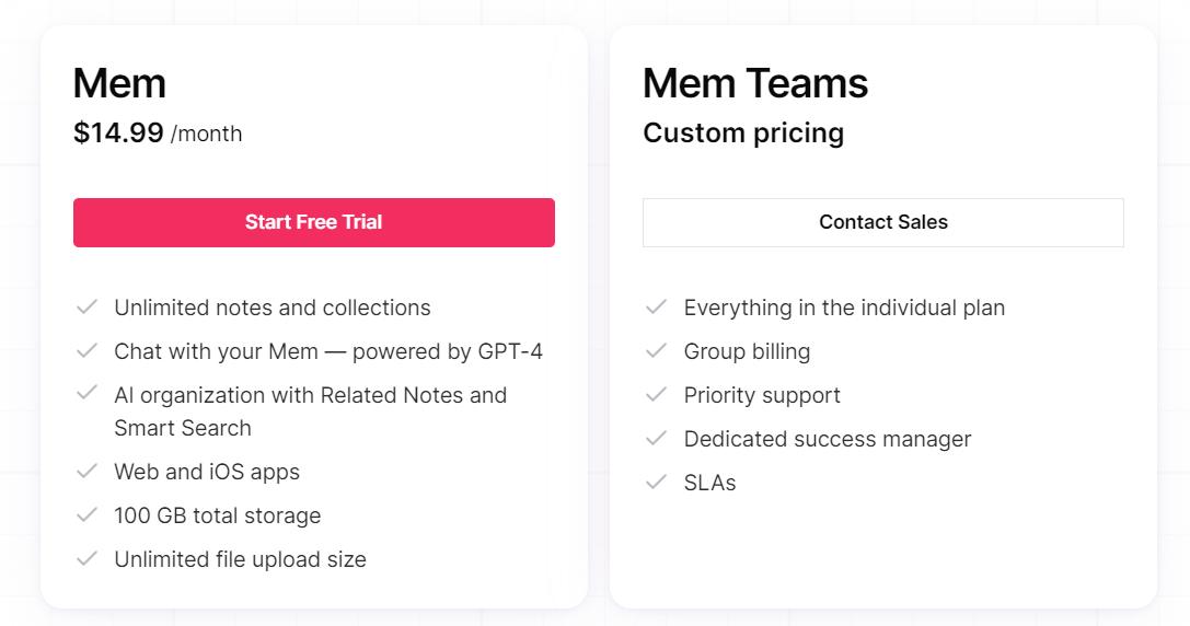 Mem.ai pricing Plans