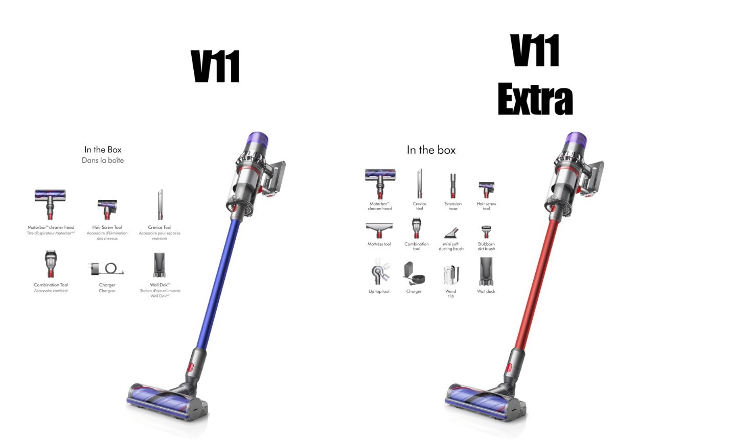 An image showing the Dyson V11 in blue and V11 Extra in red, each with list of accessories