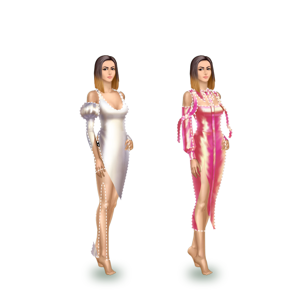 A screenshot of a computer generated image of a person in a dress Description automatically generated