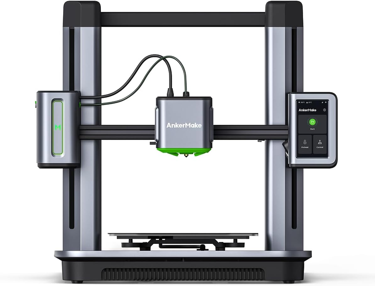 AnkerMake M5 3D printer with a vibrant green filament, recognized as one of the best 3D printers for beginners, featuring a sleek design and an intuitive touchscreen interface for easy operation