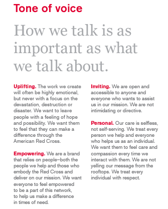Red Cross' tone of voice - uplifting, inviting, empowering, and personal - pulled from their nonprofit branding guide