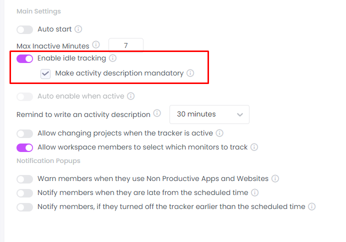 Idle Tracking Settings on WebWork