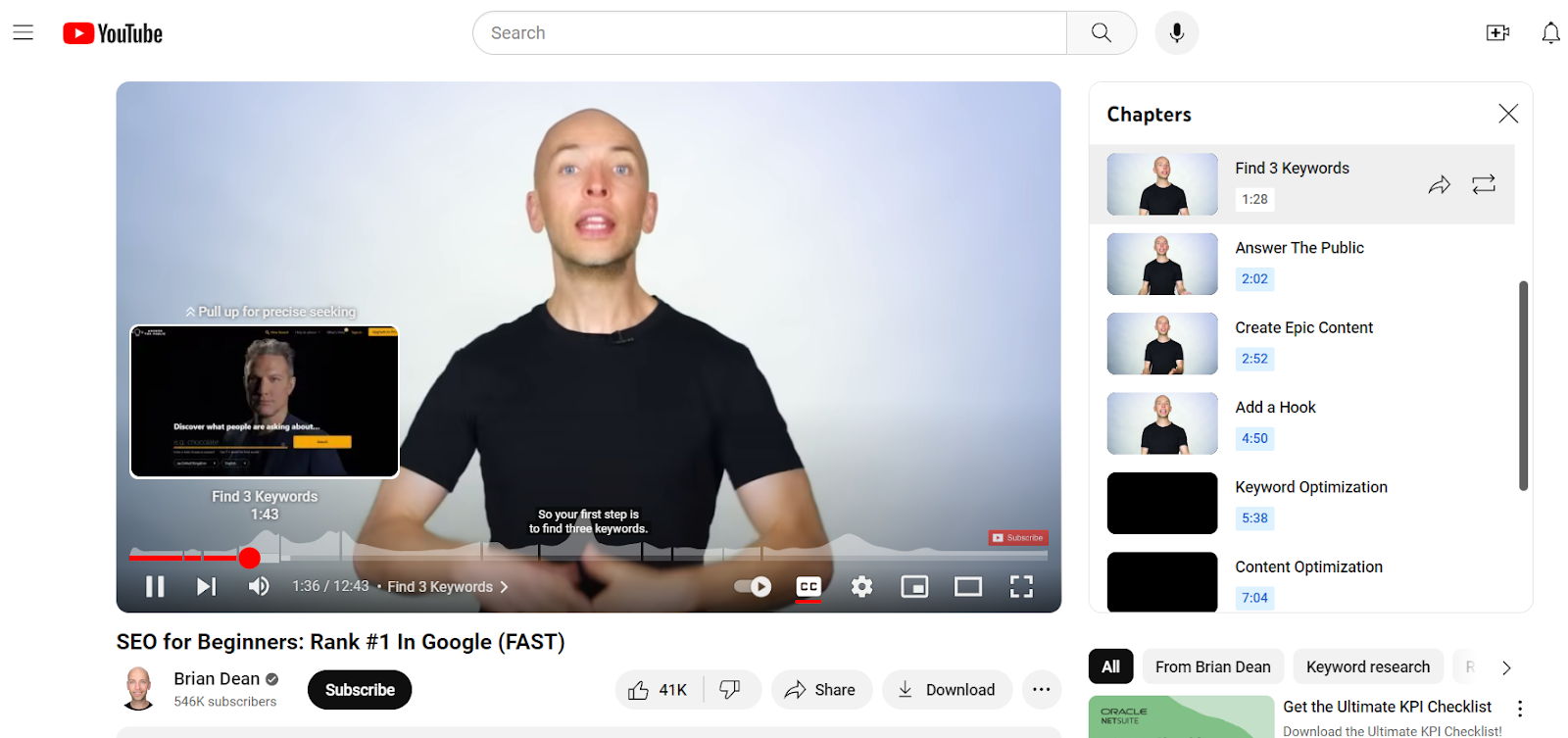 Screenshot of Brian Dean's YouTube video "SEO for Beginners: Rank #1 In Google (FAST)"