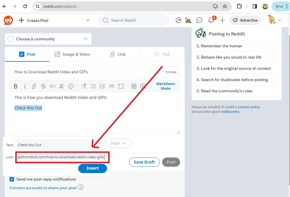 How to Add Links into Reddit Post and Comments - Paste the Link on the Box