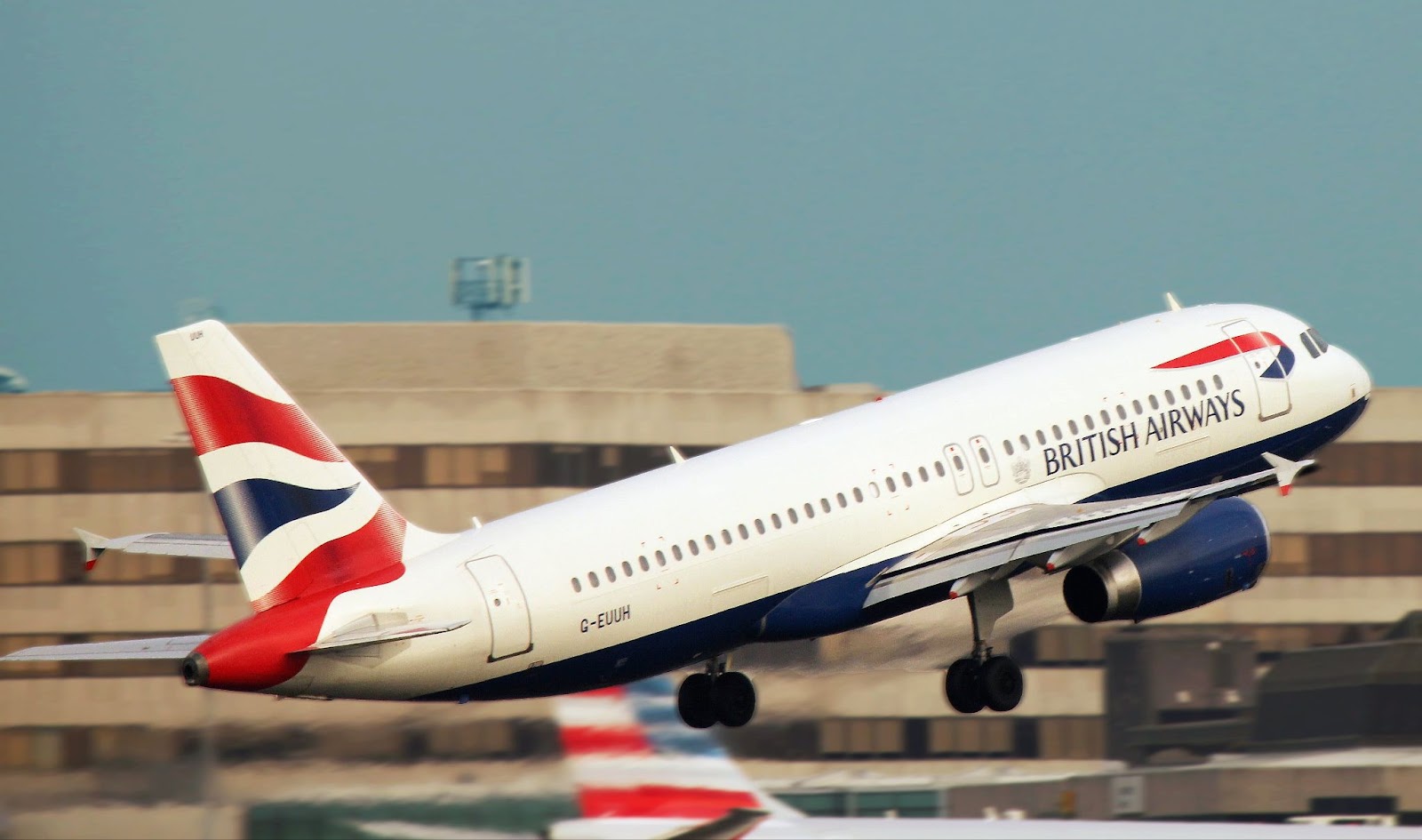 In this close up shot, a British Airways plane has just taken off.
