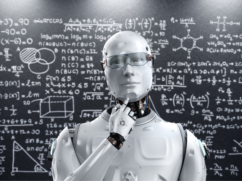 A machine learning robot with a math formula on a chalkboard behind it. 