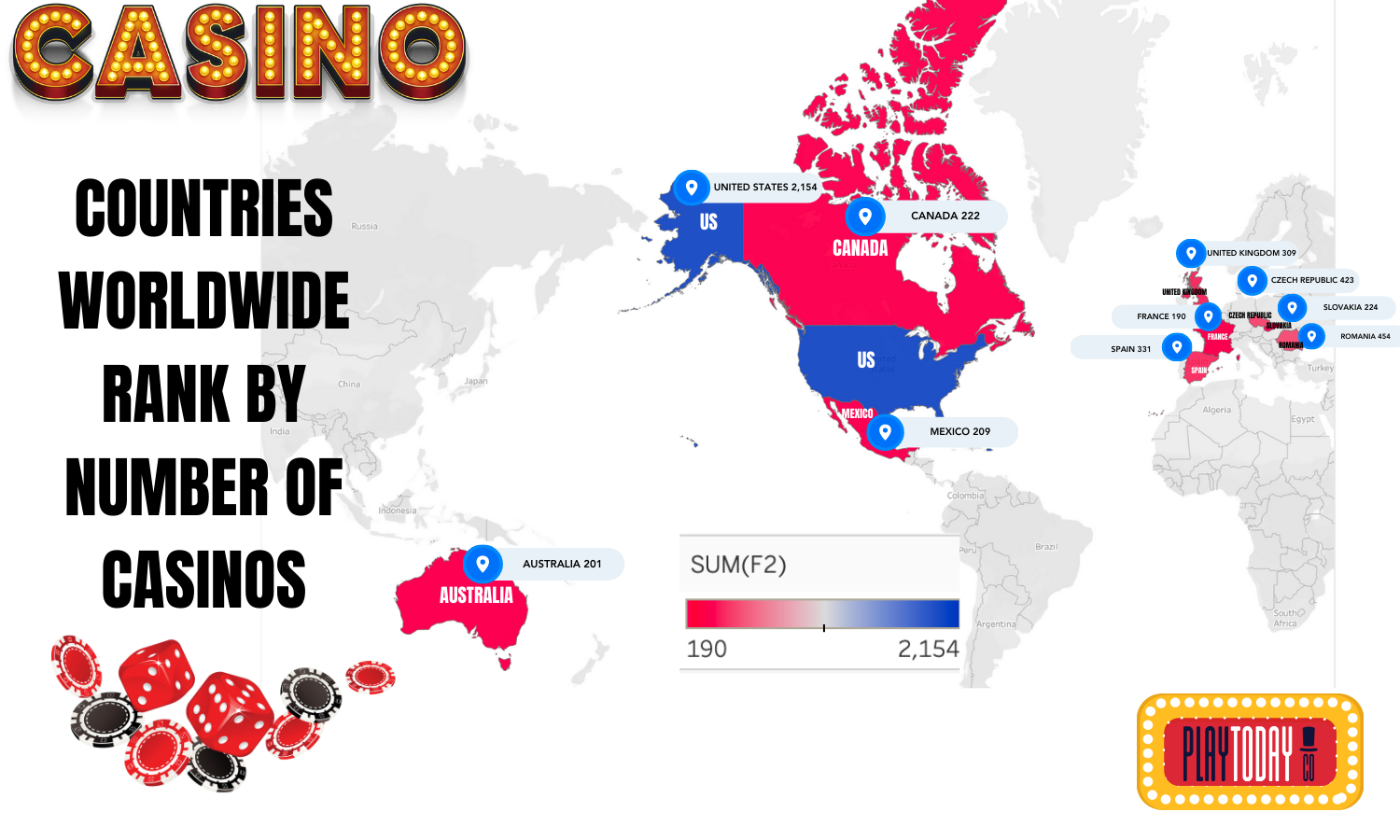 Map with number of casinos worldwide