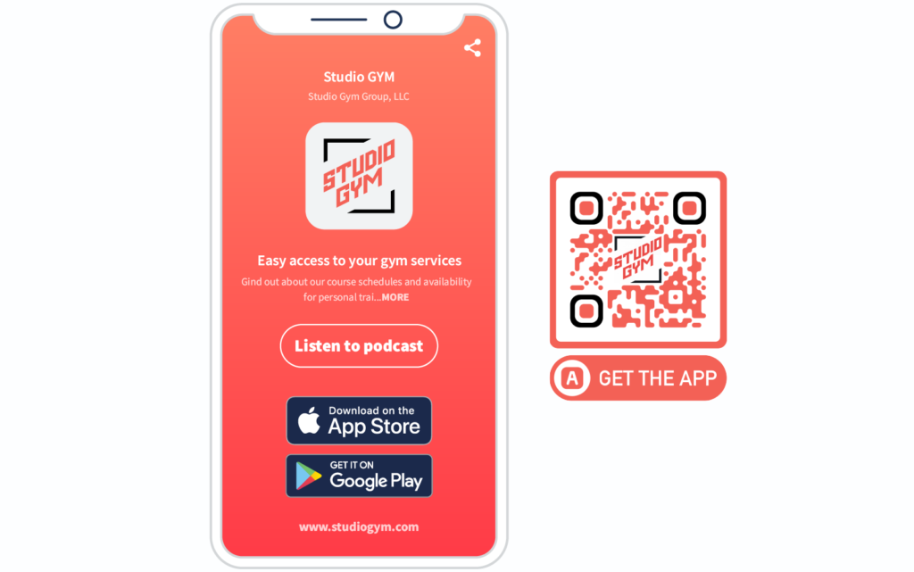 A gym's App QR Code and mobile-optimized landing page prompting people to download the app and listen to their podcast