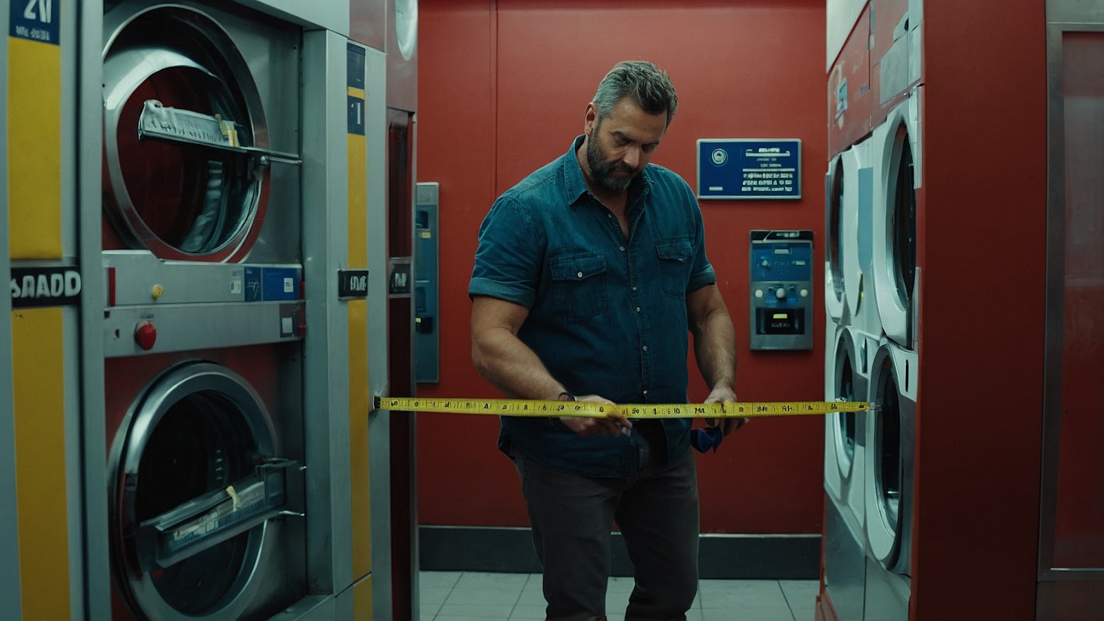 Un homme mesurant l'écart entre deux machines à laver 