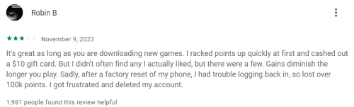A three-star Cash Giraffe review from a person that says you must play a variety of games to earn more money. 