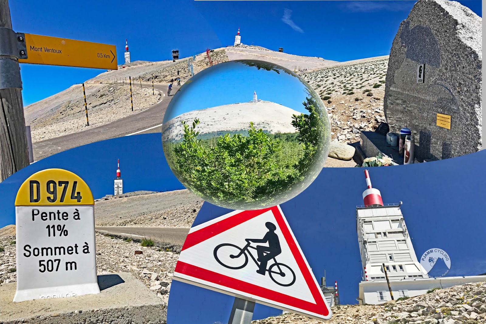 photo collage shows summit of Mont Ventoux, signs for bike riders, meter and gradient sign