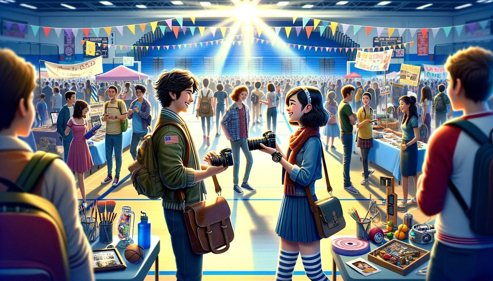  This design captures a bustling school club fair where two teenagers discover they share a common interest. Amid the vibrant activity of the fair, with booths representing various clubs and interests, the boy and girl are depicted in an animated conversation, each holding items that signify their hobbies. The dynamic atmosphere is filled 