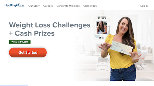 The HealthyWage homepage inviting you to get started toward winning up to $10,000 in cash and prizes for losing weight. 