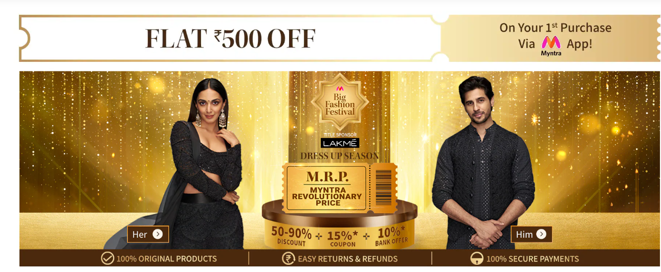 Landing page Screenshot of Myntra