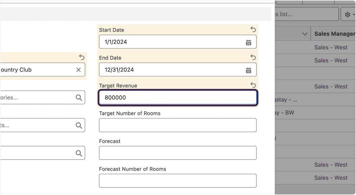 In my example, I have a revenue sales goal for the year for this property of 800,000.  In the 'Target Revenue' field, enter 800000. The property currency will automatically default. 