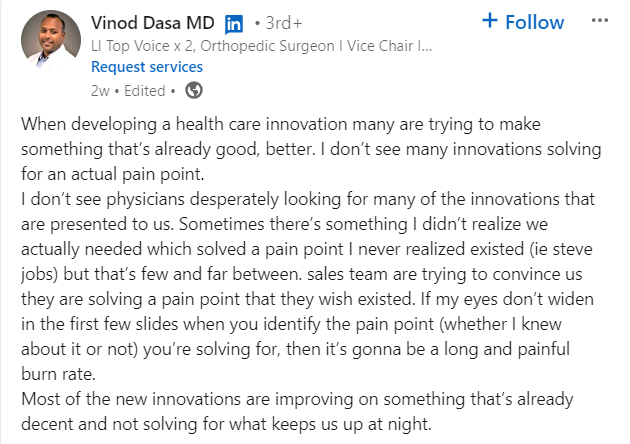 screenshot of Vinod Dasa's LinkedIn post