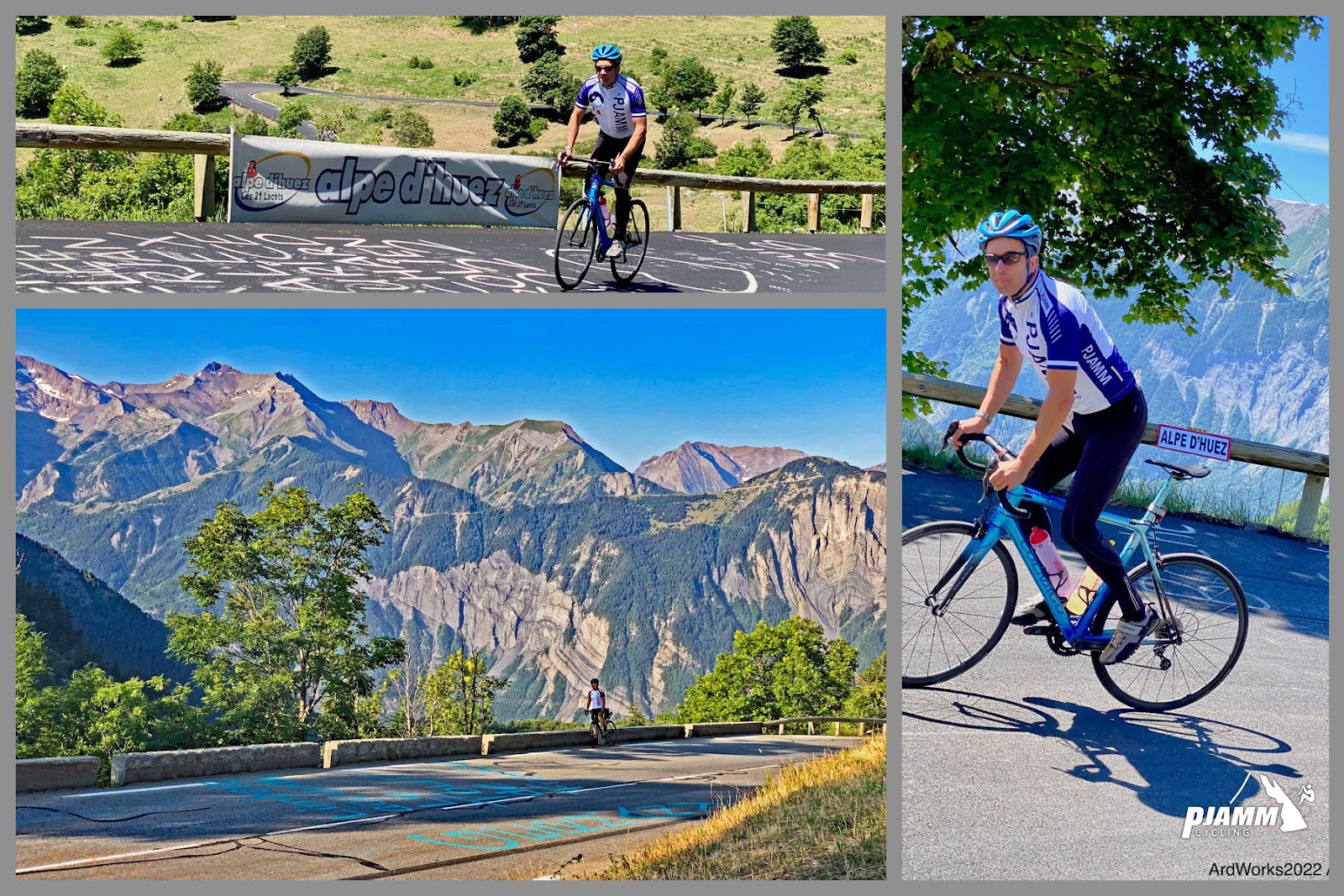 photo collage shows PJAMM Cyclist riding Alpe d'Huez bike climb, background of stunning rock formations and Alpe setting