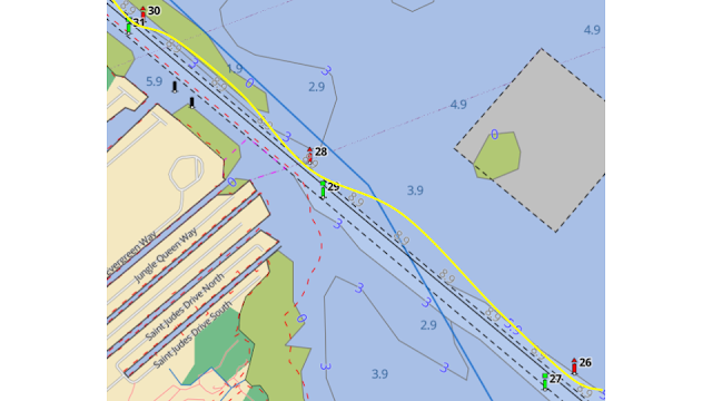 A nautical chart of the ICW in Sarasota Bay, with a very straight channel.  A yellow line indicates the path of a boat that is getting blown sideways by wind and is out of the channel.