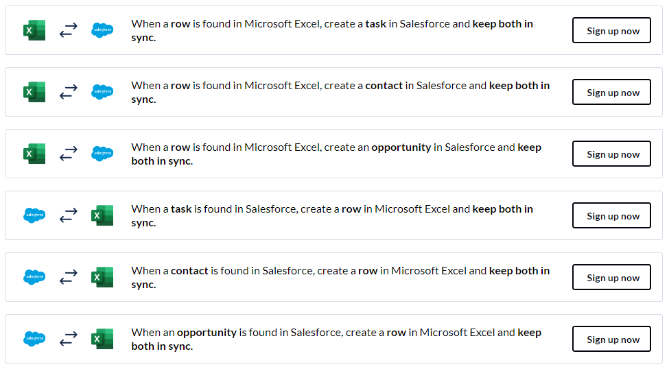 A screenshot of actions a Unito flow can take in Salesforce and Excel.