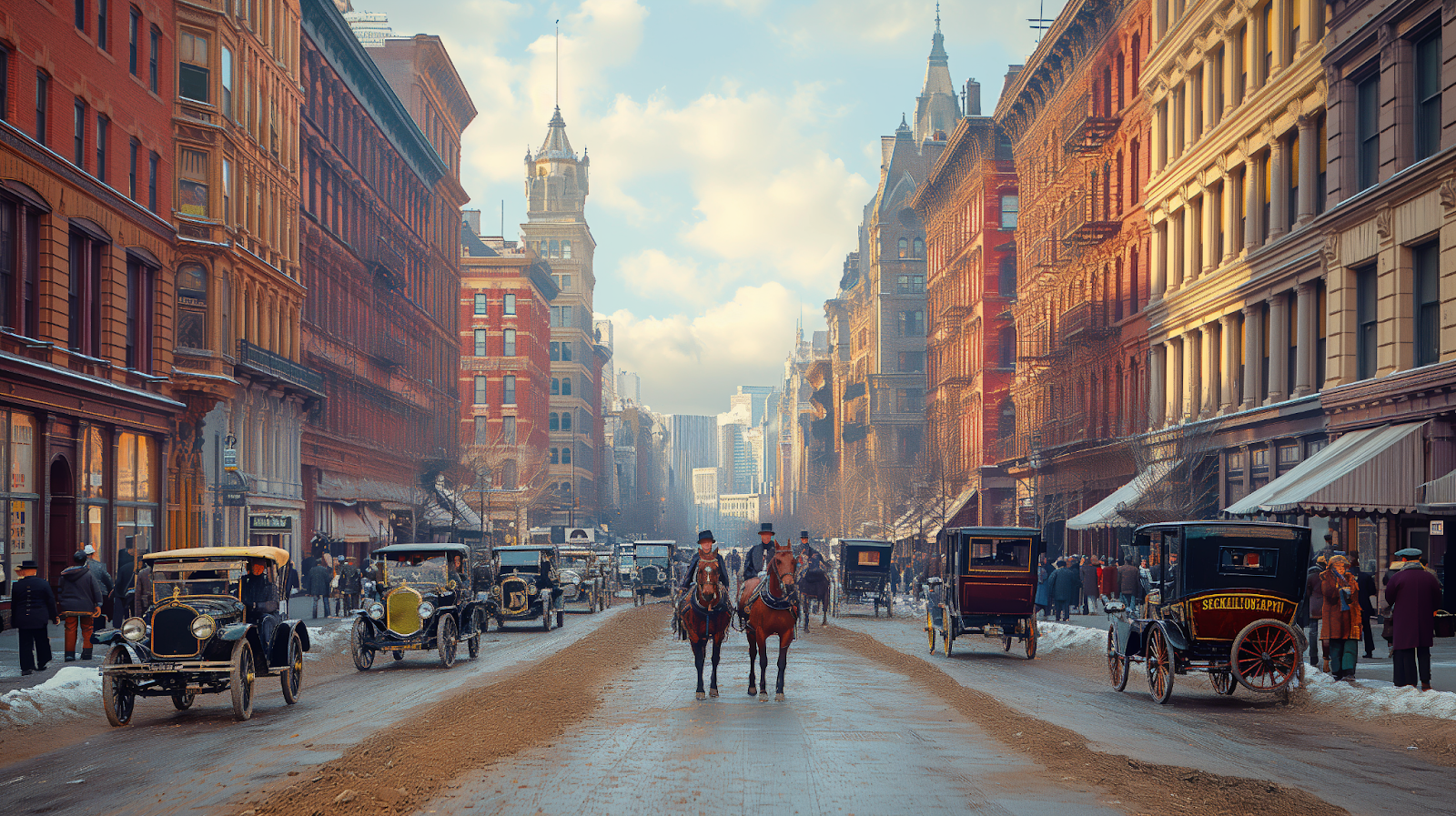 New York City street in the early 1800s, lined with horse-drawn carriages and historic buildings