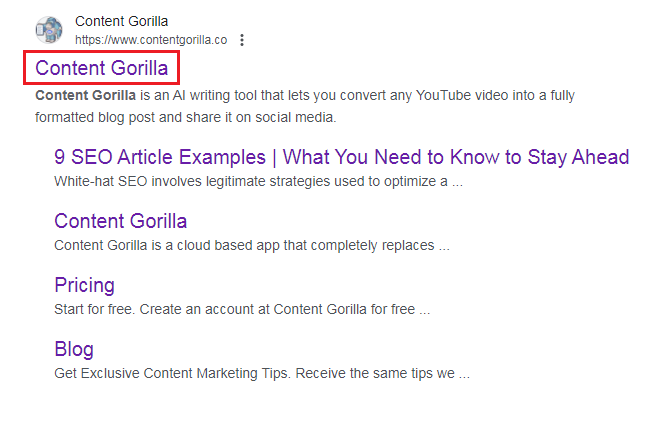 Content Gorilla's WordPress Site Title in Google Search Results