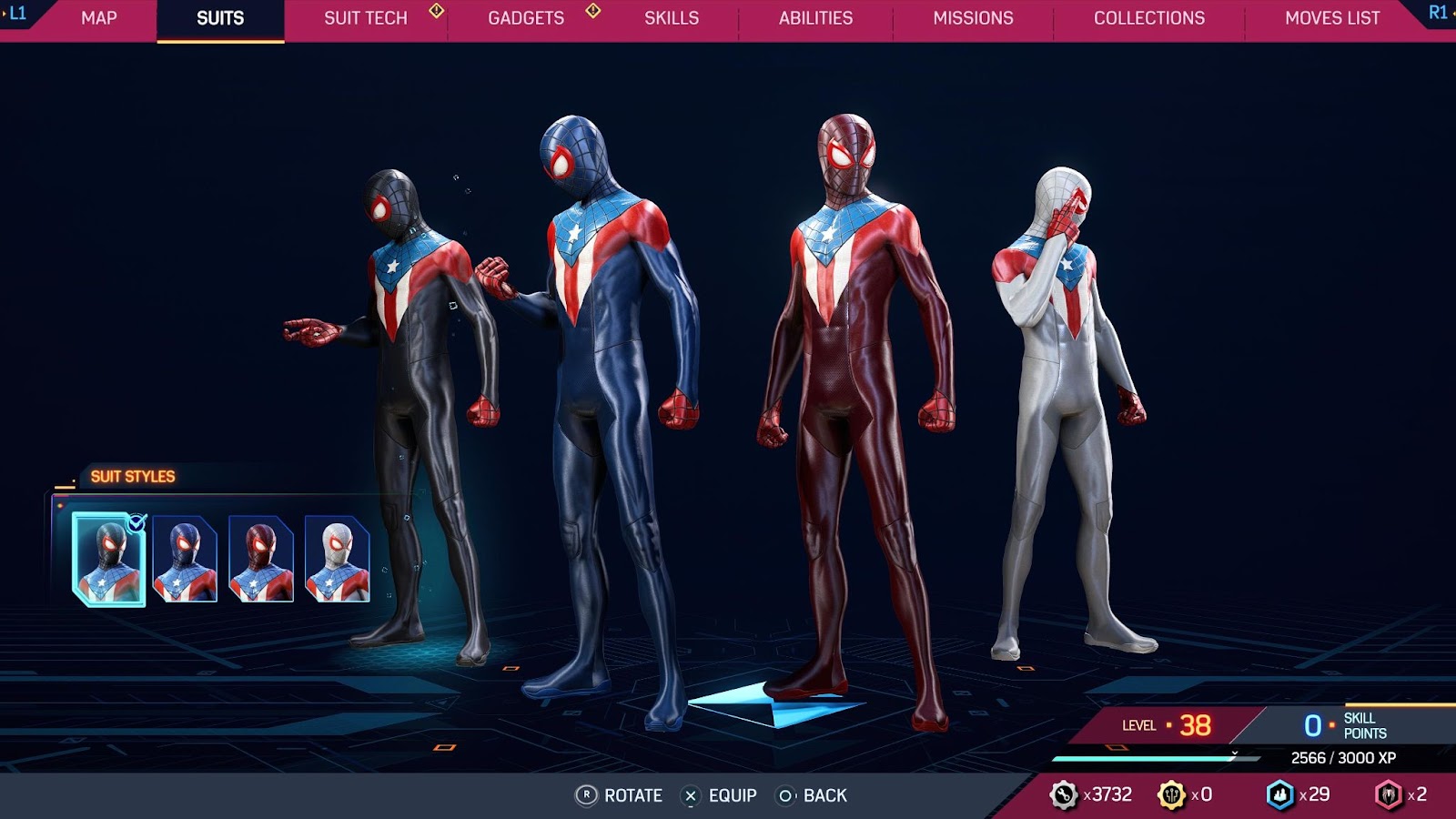 An in game screenshot of the different styles for the Boricua suit from Marvel's Spider-Man 2