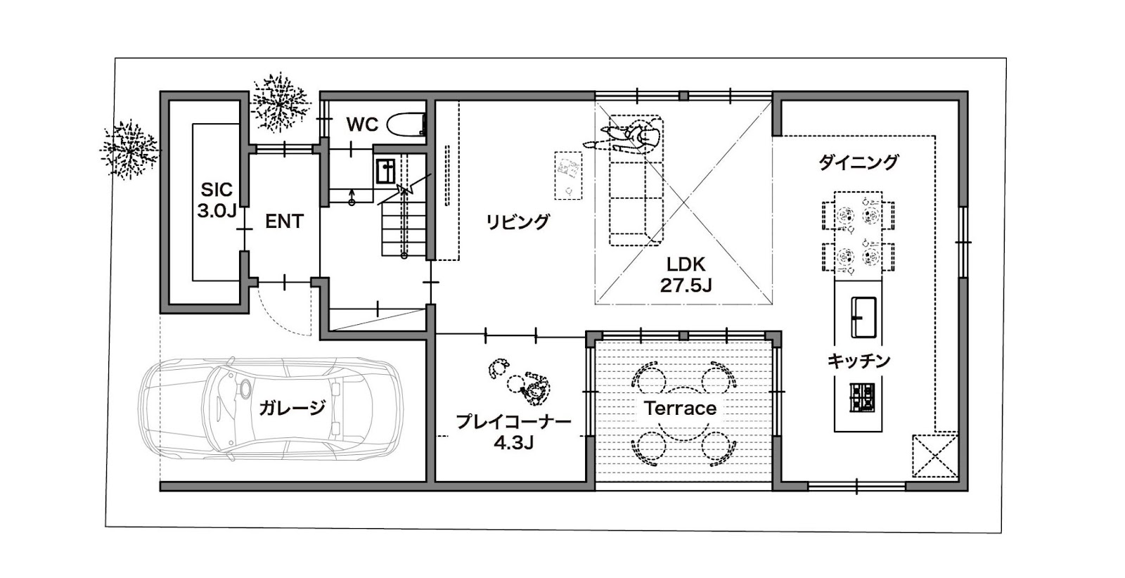 実例③【35坪～40坪】水回りを2階に集めて1階をゆったりと　1F 