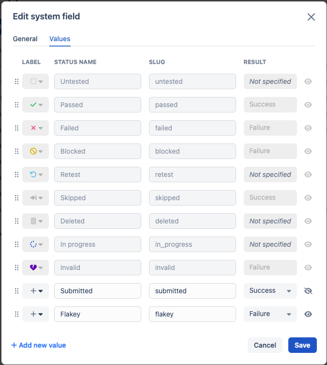 Edit system field view in Qase