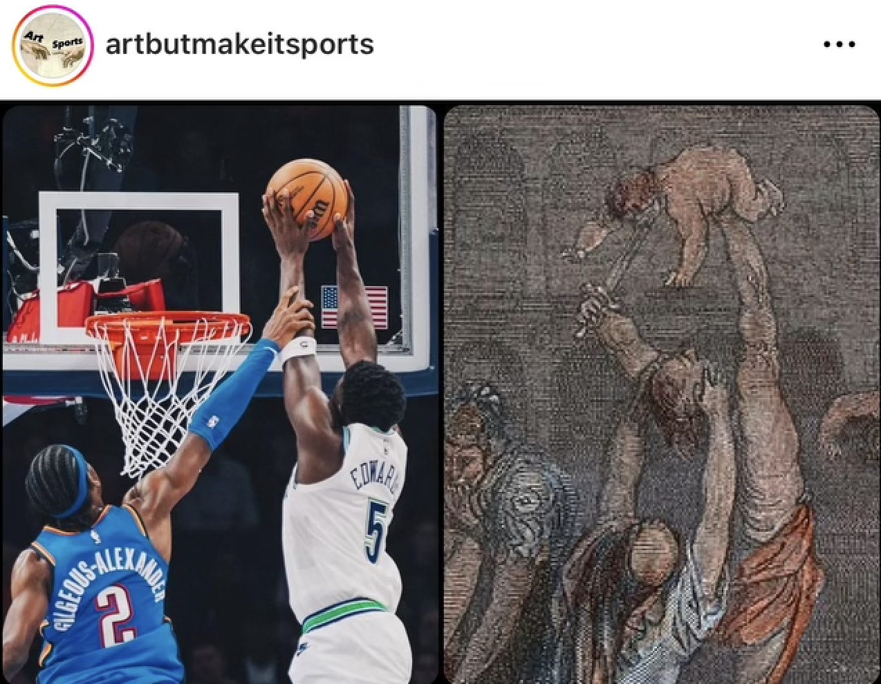 Photo of basketball players next to Gustave Doré's painting, The Massacre of the Innocents