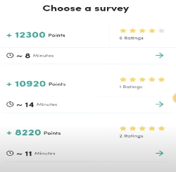 A list of Earnably surveys displaying point value, expected time for completion, and rating for each. 