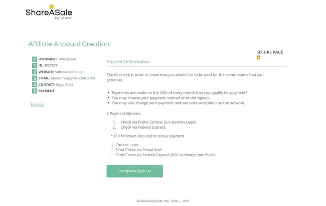 shareasale: complete setting up your account 