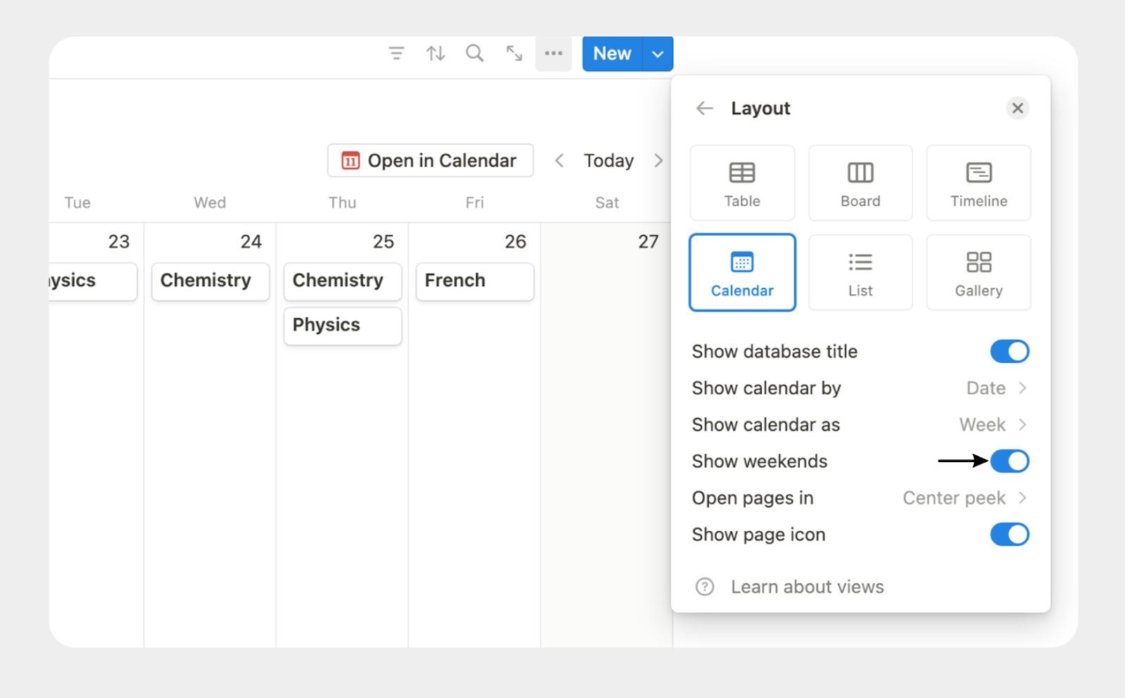 show weekends in notion calendar