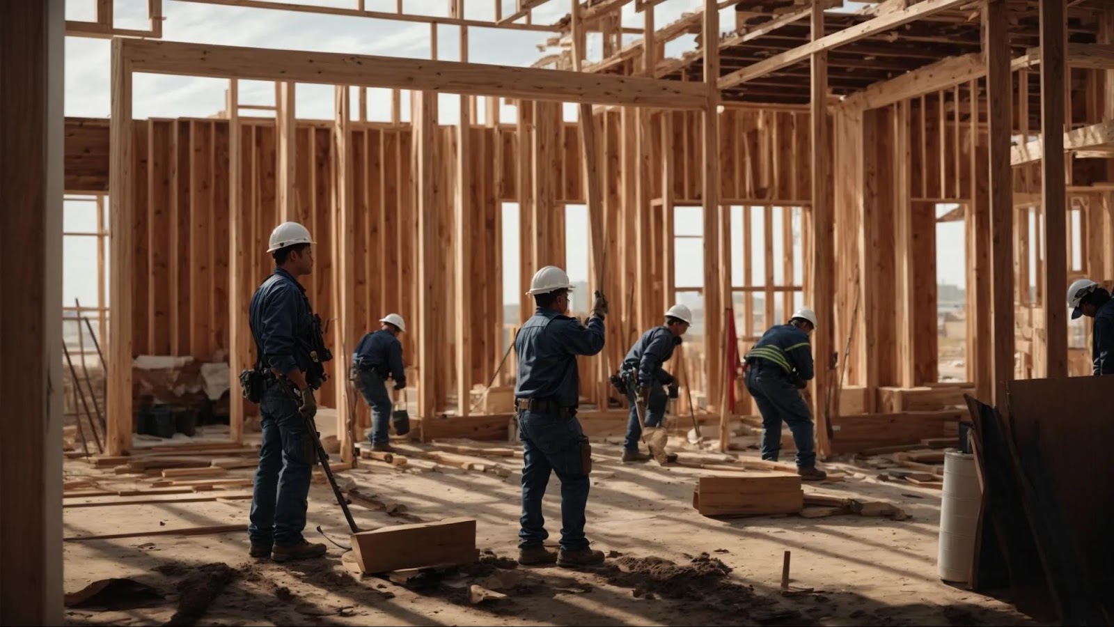 workers diligently rebuild a section of a water-damaged house, their silhouettes framed against a backdrop of construction materials and the skeletal remains of the structure.