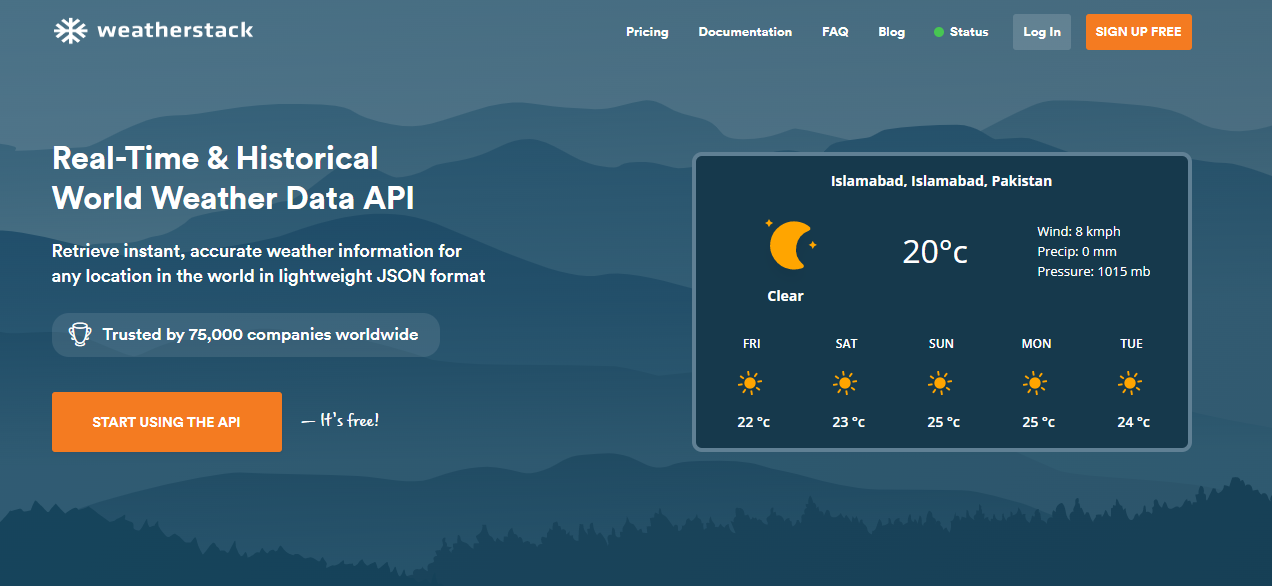 home page of the weatherstack most accurate weather forecast provider