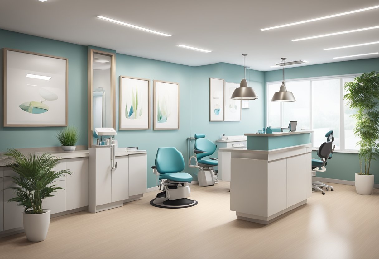 A modern dental clinic with a reception desk, waiting area, and treatment rooms. Clean and organized with dental equipment visible