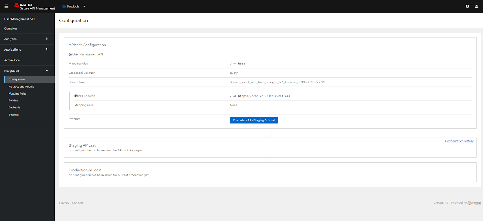 Product Configuration page with APIcast details.