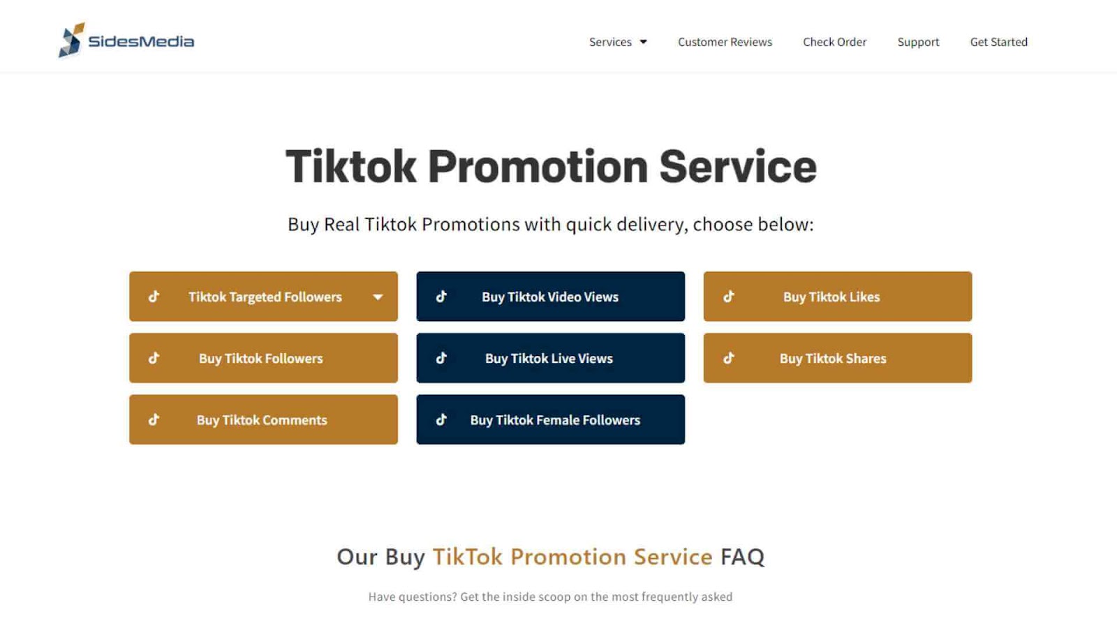 A web page from SidesMedia advertising different TikTok promotion services such as followers, views, and likes.