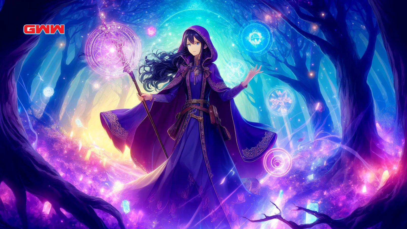 Merlin lanzando hechizos en un bosque místico, cómo conseguir a Merlin en Anime Adventures