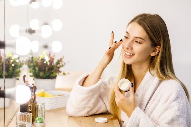 Young Beautiful Blonde Girl Cares Face Skin And Applying Moisturizer