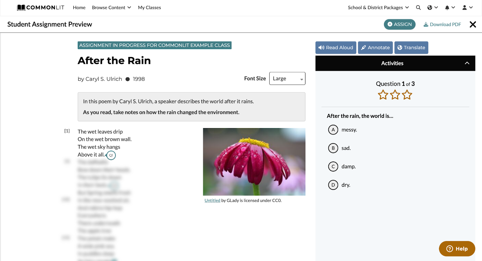 CommonLit’s “After the Rain” Lesson with Guided Reading Mode on. The first stanza of the short poem about happiness is the only one visible and a question is displayed on the right.