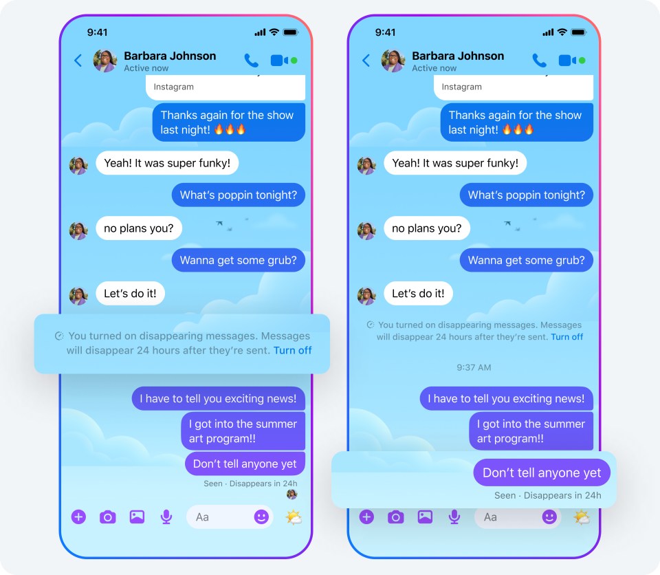 2 phone screens showing disappearing messages in a Messenger chat