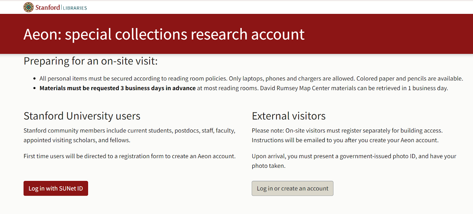 Aeon at Stanford landing page, Stanford University users and External visitors options. 