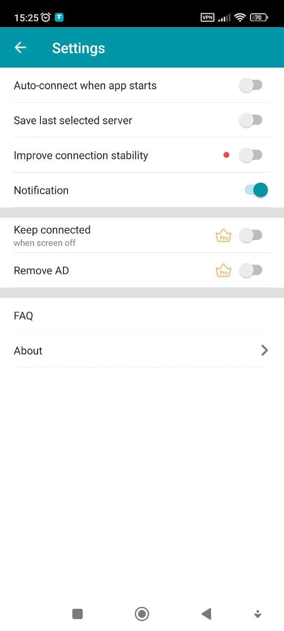 Thunder VPN settings tab