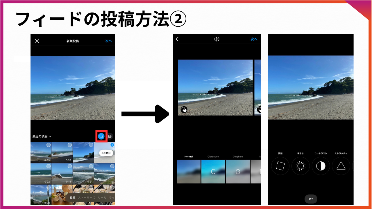 フィード投稿のやり方。画像と動画が1つずつ以上か、動画2つ以上で組み合わせる。画面中央、右の資格が重なっているアイコンをタップして複数選択する。
