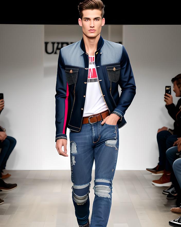 A person walking down a runway wearing a blue jacket and jeans

Description automatically generated