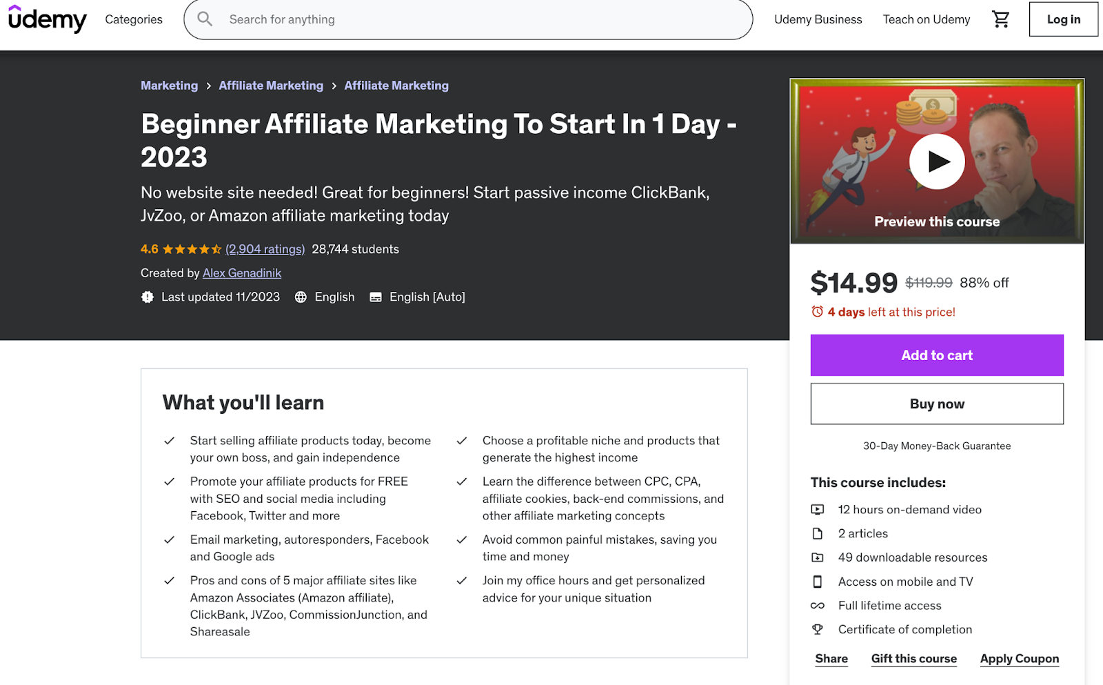 Beginner Affiliate Marketing To Start In 1 Day - 2023 course page on Udemy