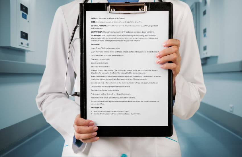 Picture of a medical doctor holding a clipboard containing a radiology report.