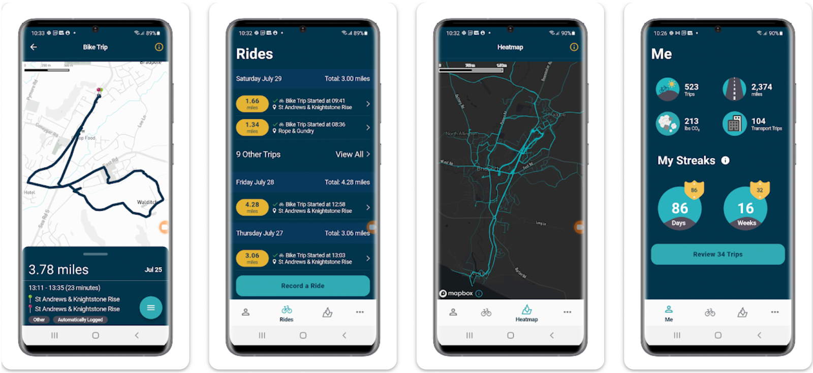 Screenshot showing different screens on the Love to Ride app 